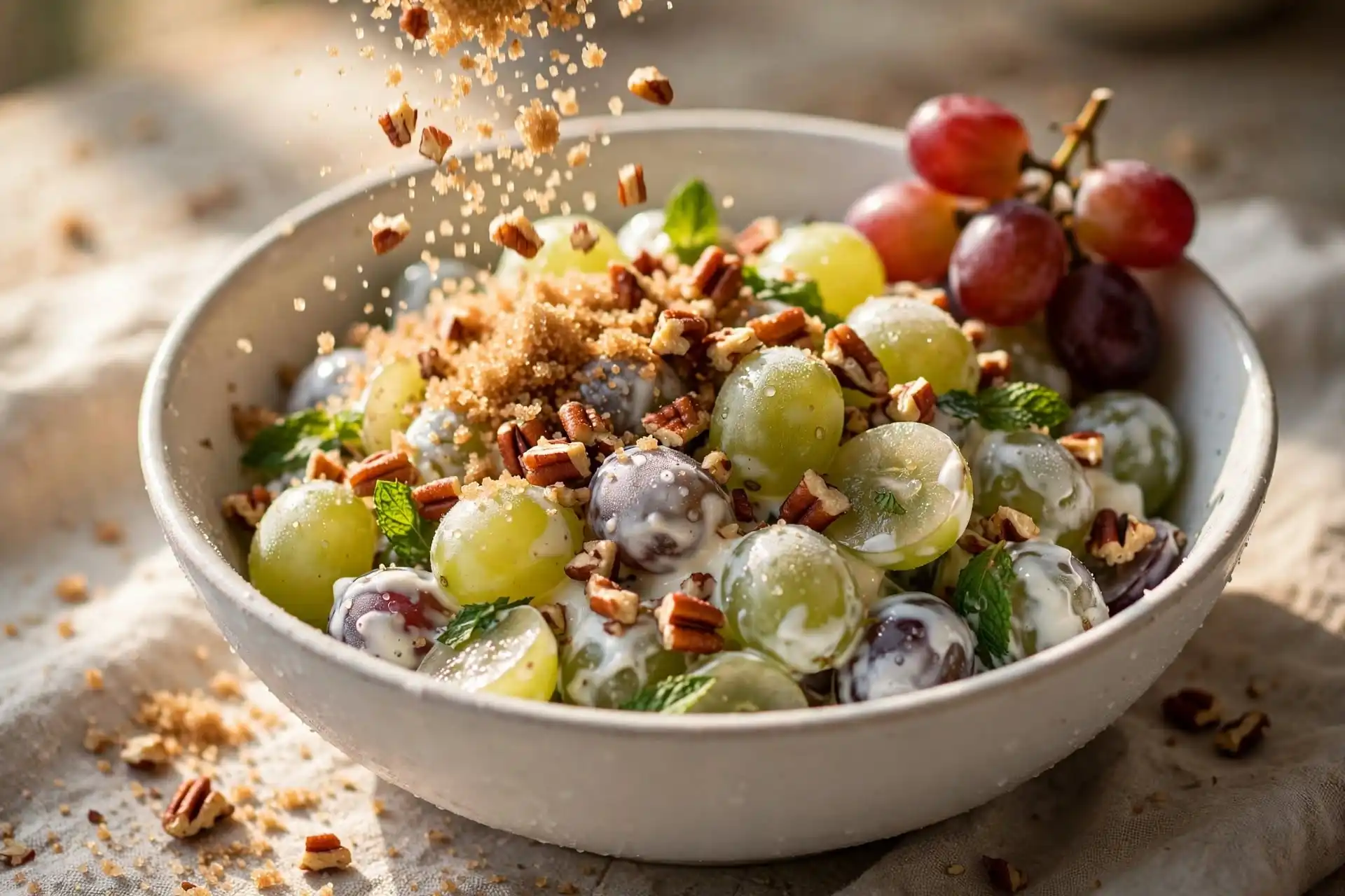 Brown sugar and pecan topping being added to finished grape salad in a white bowl, final step before serving