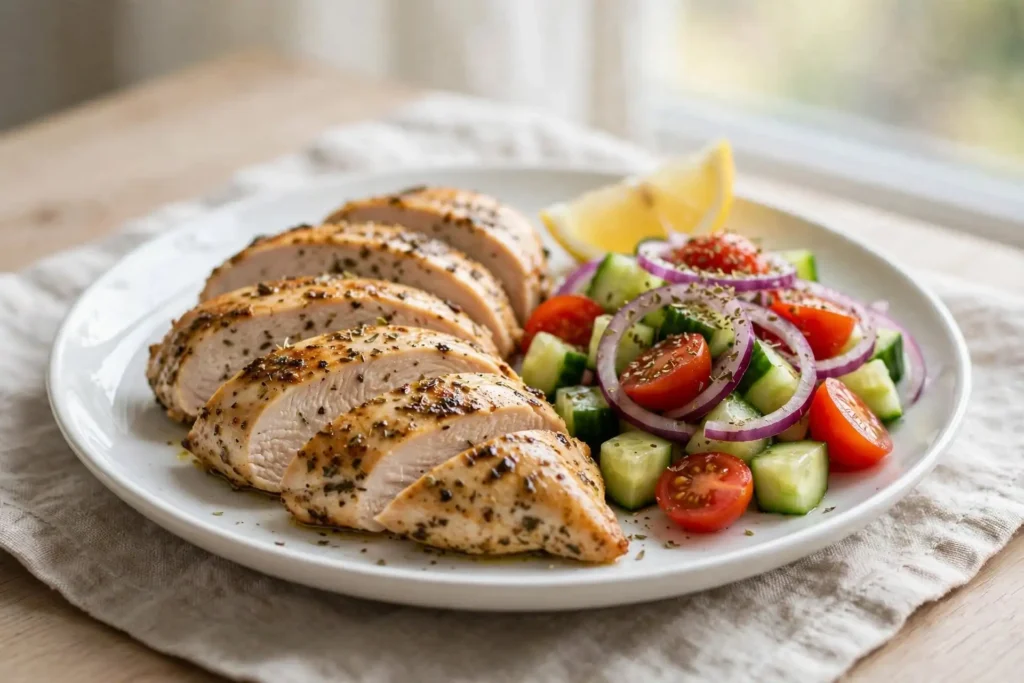 Greek-style baked chicken breast sliced over a cucumber salad — lean high protein meal prep lunch
