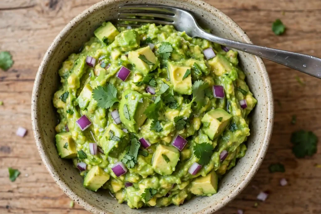 Freshly made guacamole resting in a bowl before serving — final step in guacamole recipe