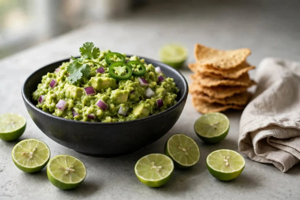 Guacamole recipe served in a dark ceramic bowl on concrete, garnished with cilantro and jalapeño slices with lime halves on the side — guacamole recipe