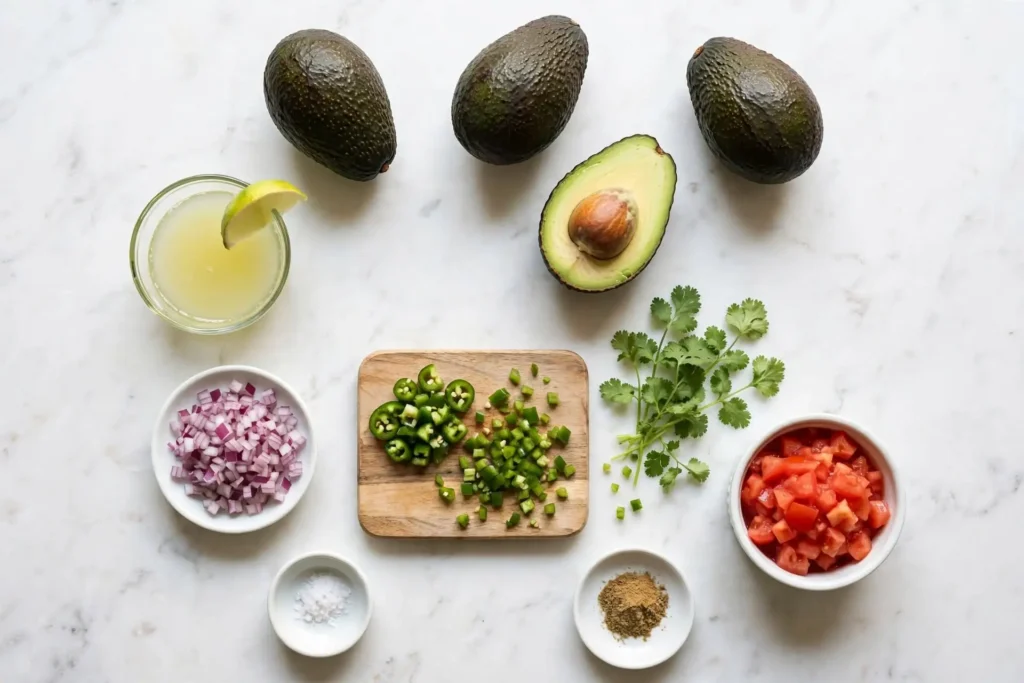 All ingredients for guacamole recipe laid out on white marble including avocados, lime, jalapeño, red onion, cilantro, and Roma tomato — guacamole recipe ingredients
