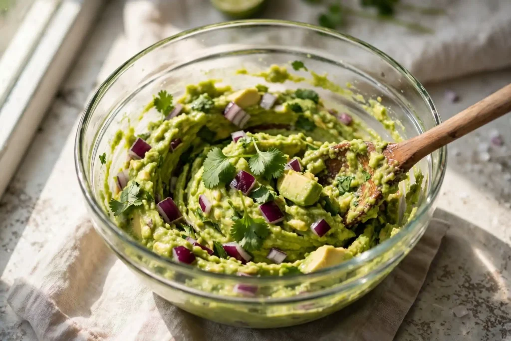 Red onion and cilantro being folded into mashed avocado in a glass bowl — step in making guacamole recipe