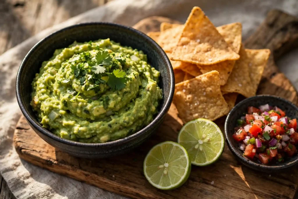 Guacamole recipe served in a ceramic bowl on a wooden board with tortilla chips and lime, ready to serve