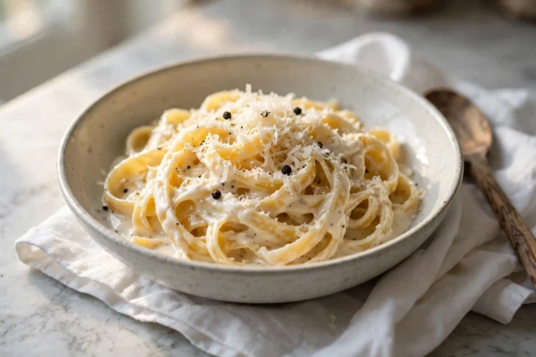 Homemade alfredo sauce tossed with fettuccine in a ceramic bowl on a marble surface, garnished with grated Parmesan, soft natural light, homemade alfredo sauce recipe