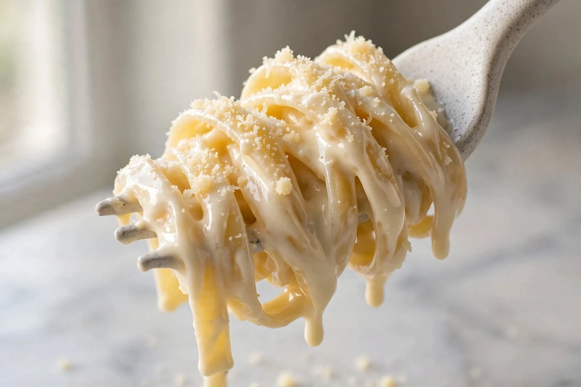 Close-up of fettuccine coated in glossy homemade alfredo sauce dusted with grated Parmesan, homemade alfredo sauce recipe card