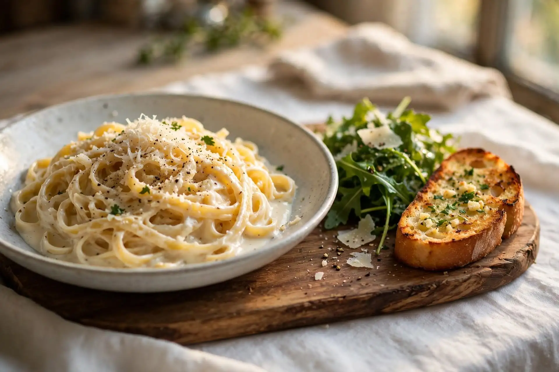 Homemade alfredo sauce with fettuccine in a pasta bowl plated with garlic bread and salad, ready to serve, homemade alfredo sauce