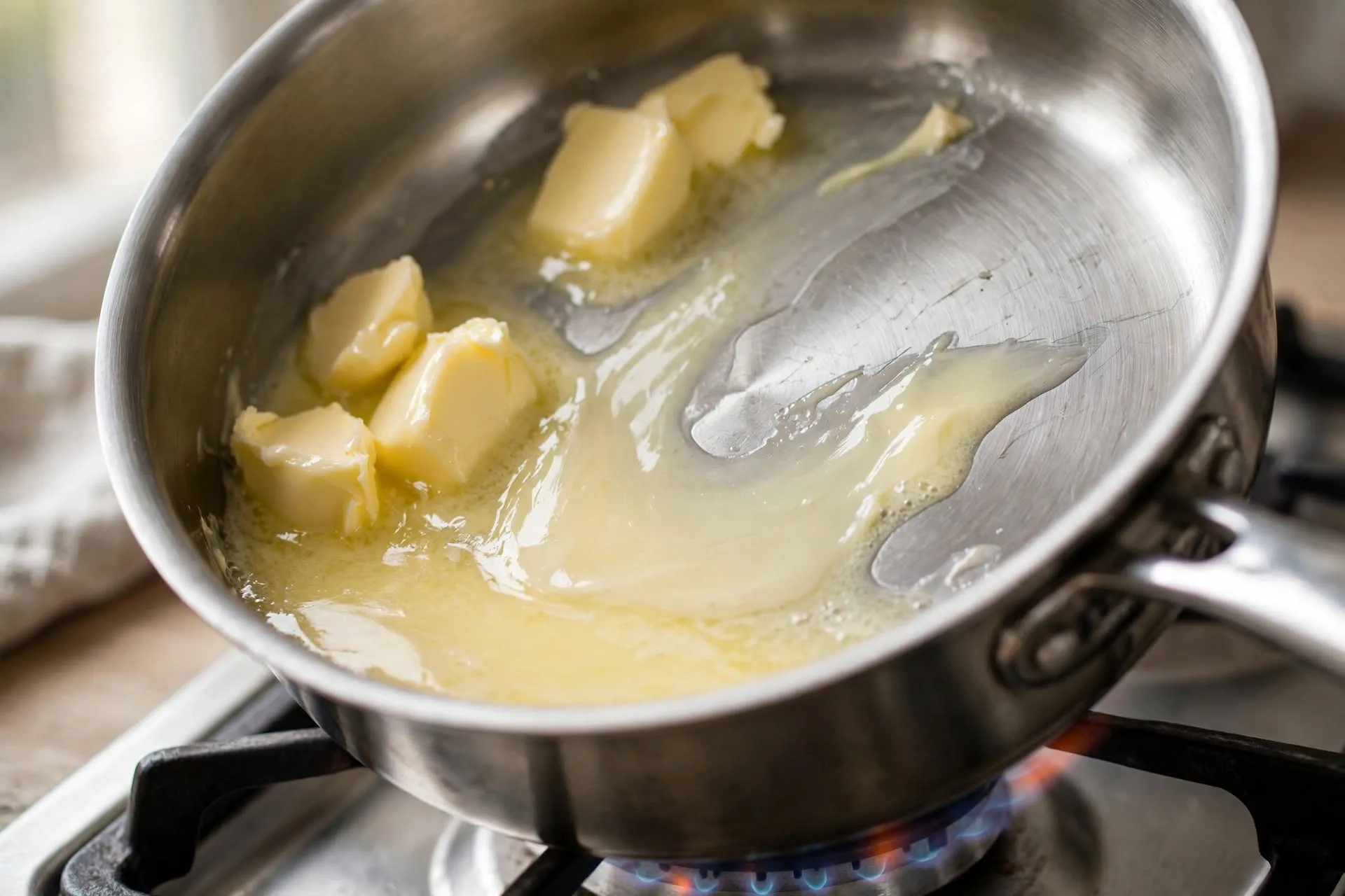 Butter melting over low heat in a saucepan, first step in making homemade alfredo sauce