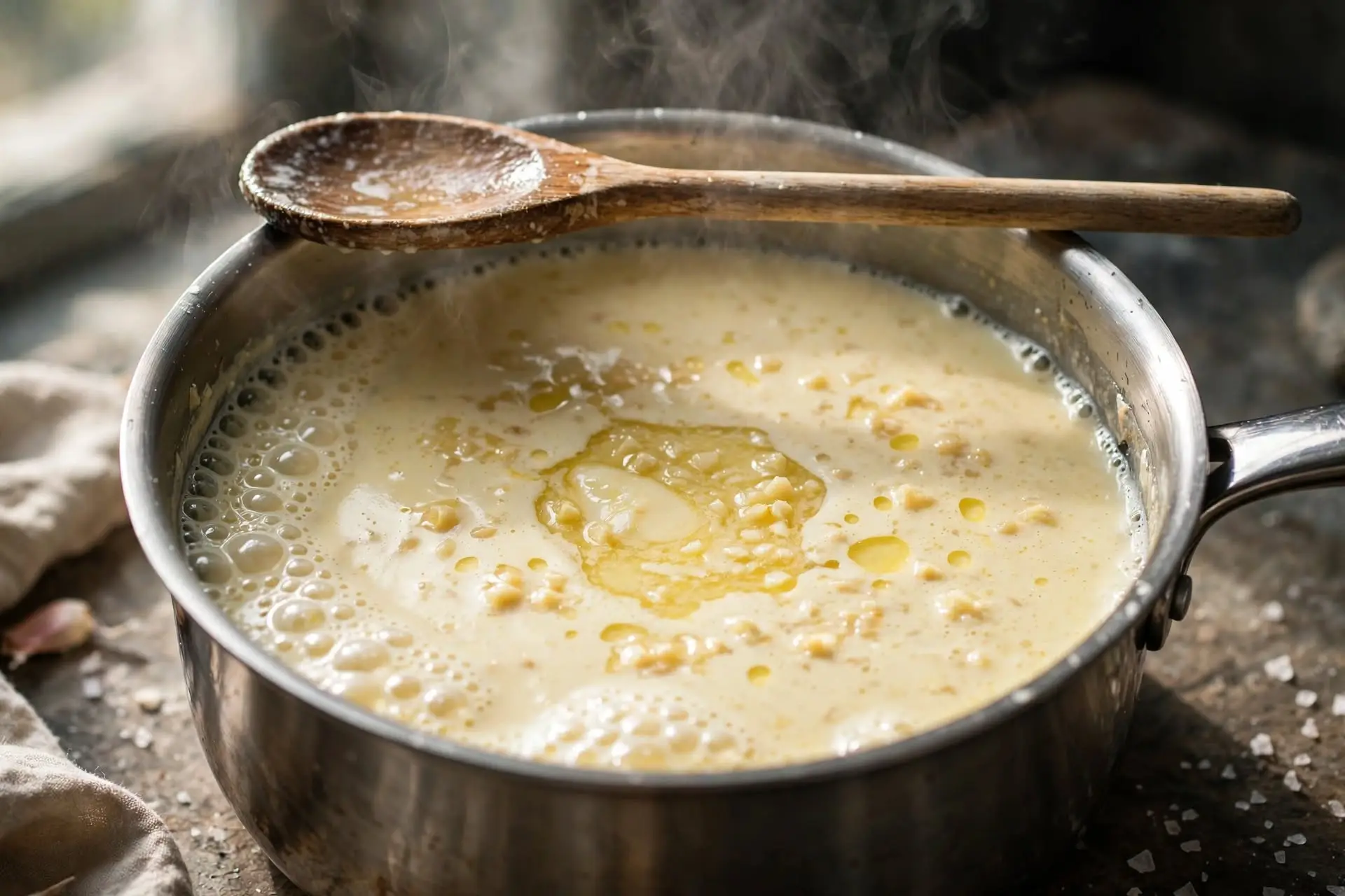 Cream simmering with garlic butter in a saucepan, mid-process step in making homemade alfredo sauce