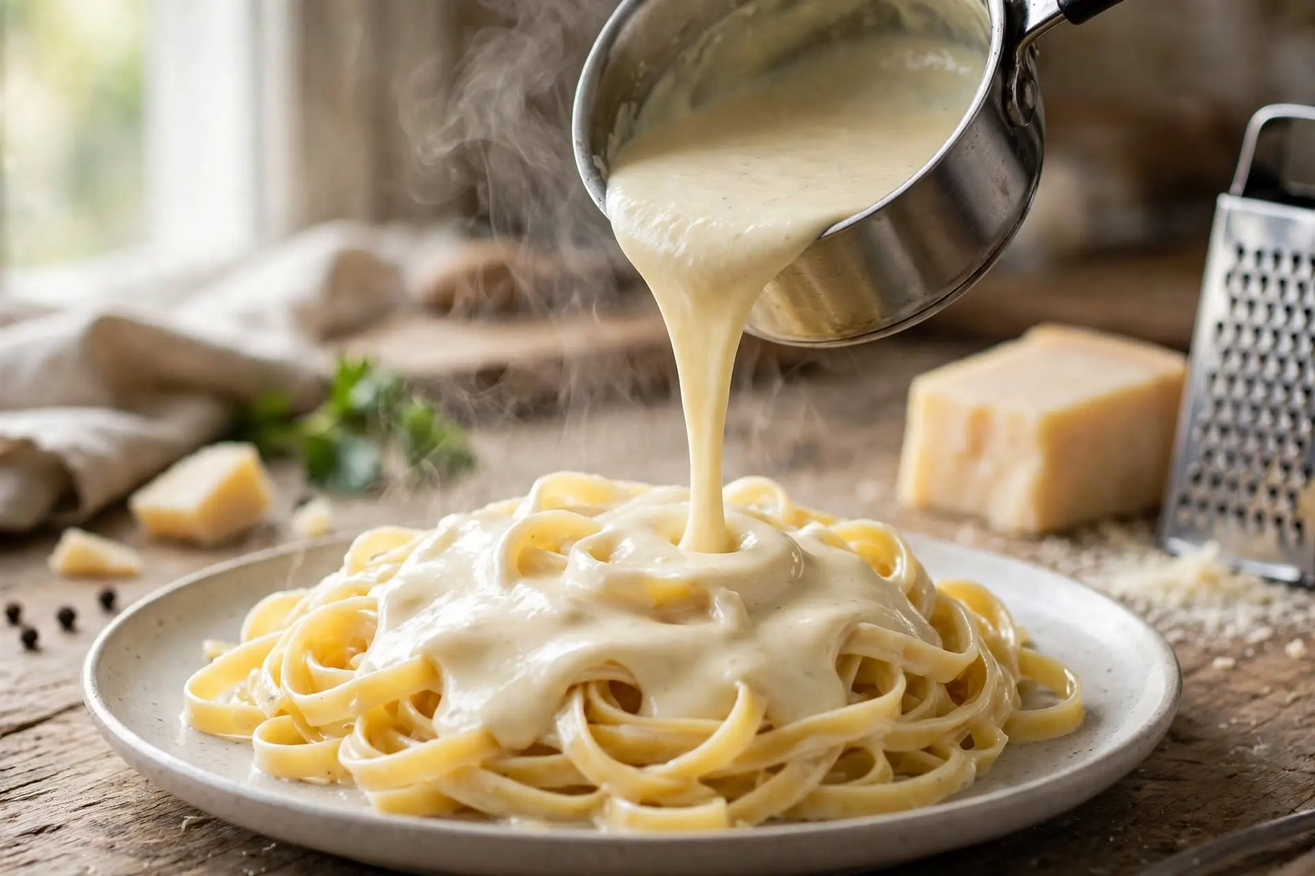 Alfredo sauce being poured over fettuccine, final step in making homemade alfredo sauce