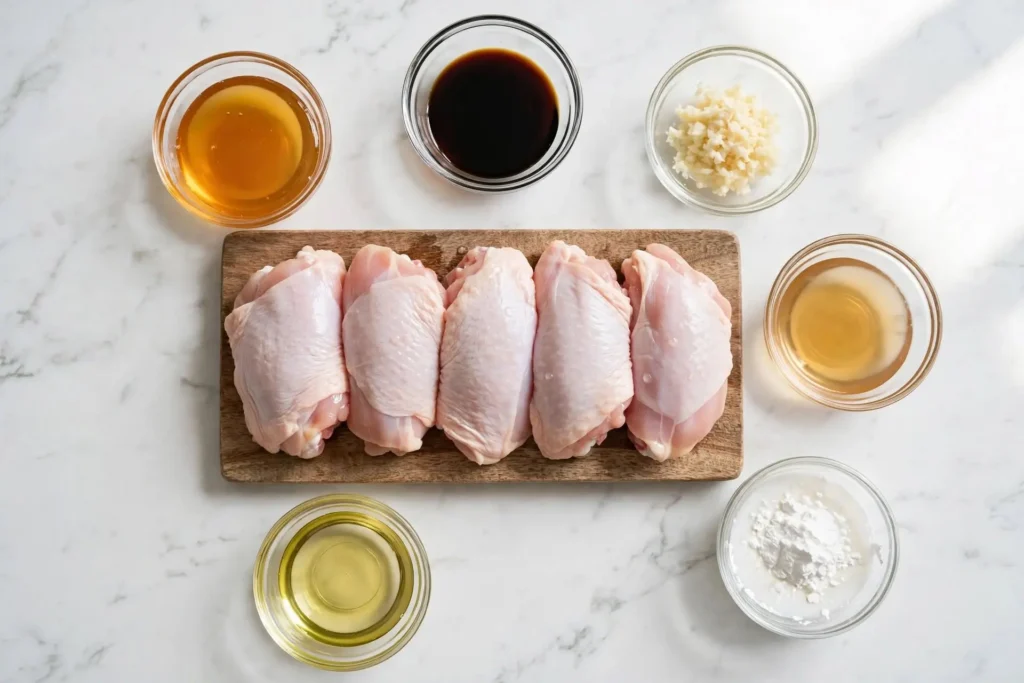 All ingredients for honey garlic chicken laid out flat on a white marble surface — honey garlic chicken ingredients
