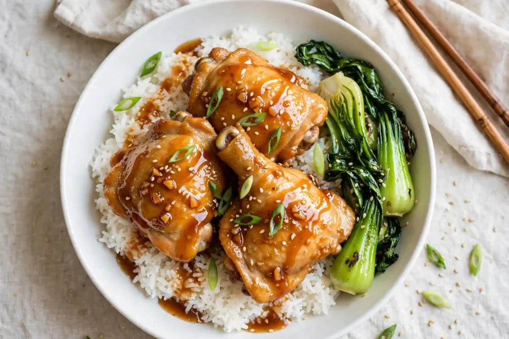 Honey garlic chicken served over jasmine rice with bok choy and sauce drizzled on top — honey garlic chicken serving suggestion