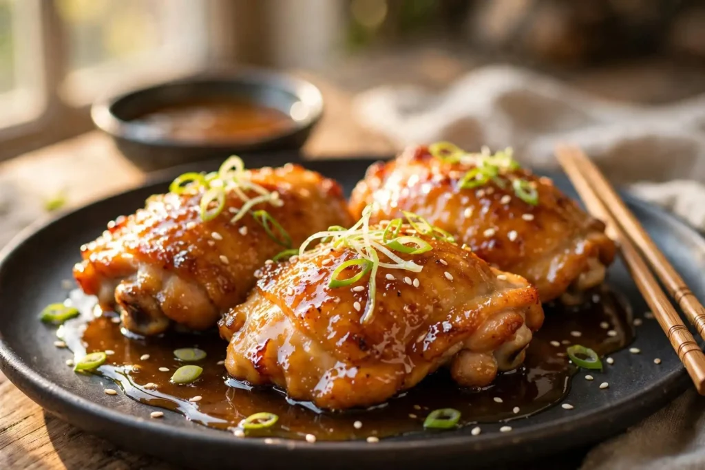 Honey garlic chicken thighs on a dark plate with glossy caramelized glaze, garnished with spring onions and sesame seeds — honey garlic chicken