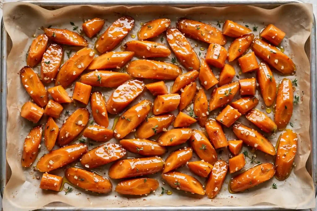 Honey-glazed carrots arranged in a single layer on a baking sheet before roasting — step in making roasted carrots