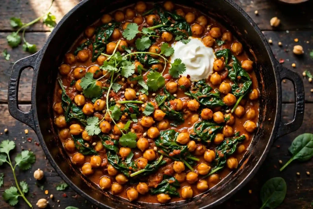 Chickpea and spinach masala in a cast iron pot with yogurt garnish — plant-based high protein meal prep with South Asian spices
