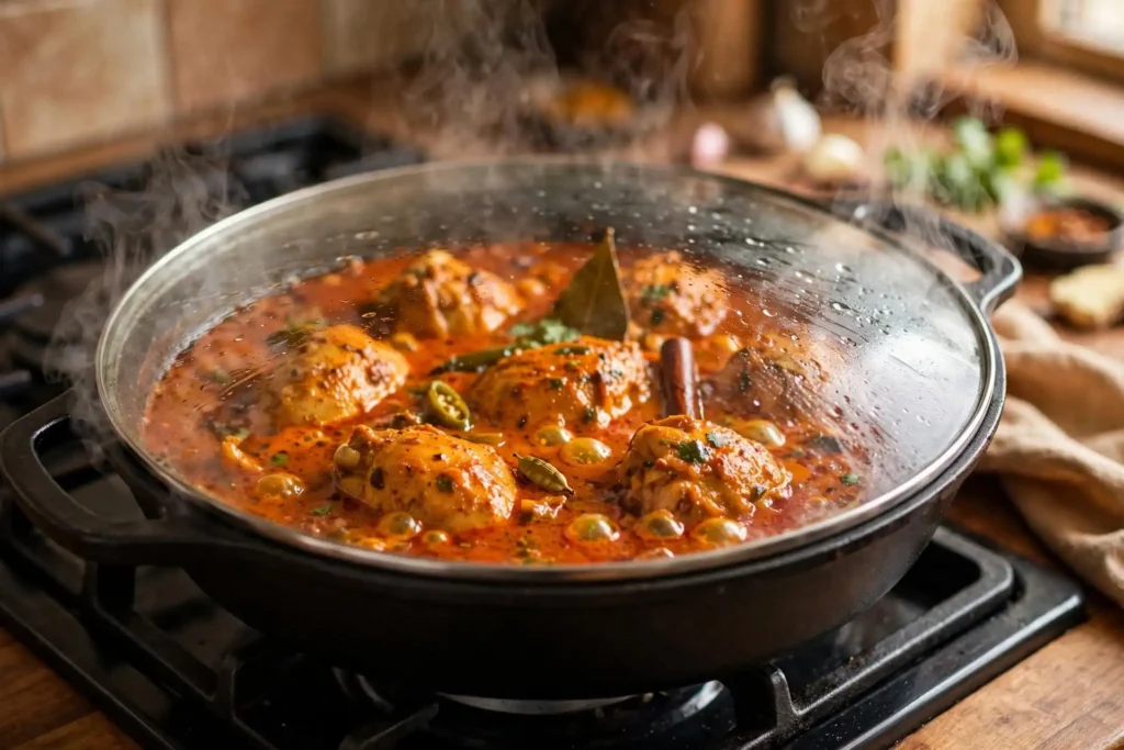 Chicken curry simmering covered in pan, steam rising — final cooking step for chicken curry