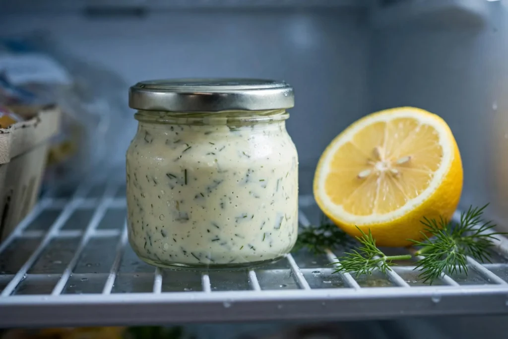 Sealed glass jar of homemade tartar sauce resting in the refrigerator before serving — final step of tartar sauce recipe