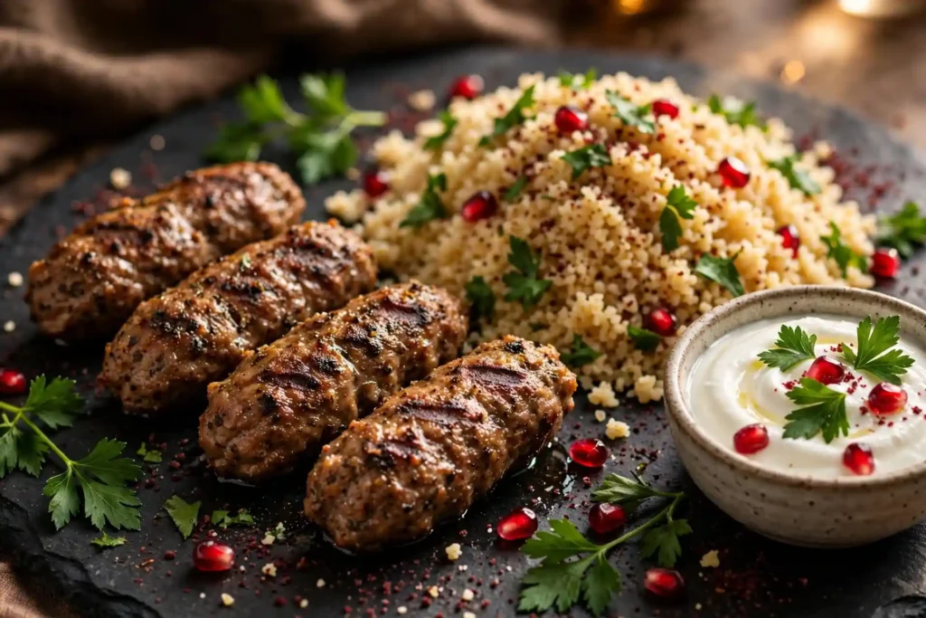 Lamb kofta with bulgur wheat and garlic yogurt on a slate board — a flavorful high protein meal prep option