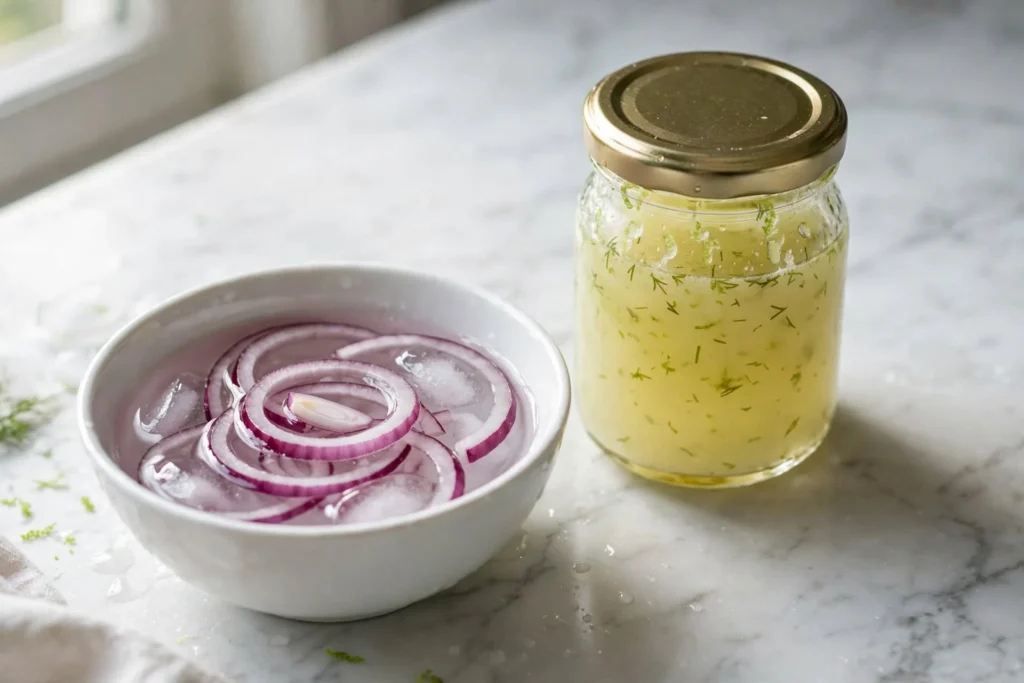 Lime-honey dressing in a small glass jar alongside red onion slices soaking in cold water, early steps in making watermelon salad