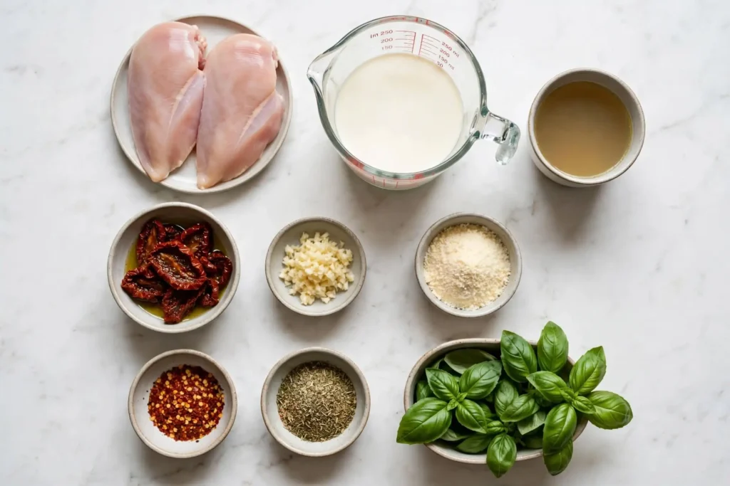 All ingredients for marry me chicken laid out in prep bowls on white marble — marry me chicken ingredients