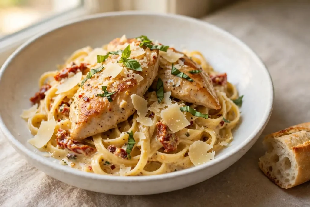 Marry me chicken plated with fettuccine and fresh basil in a white pasta bowl, ready to serve — marry me chicken