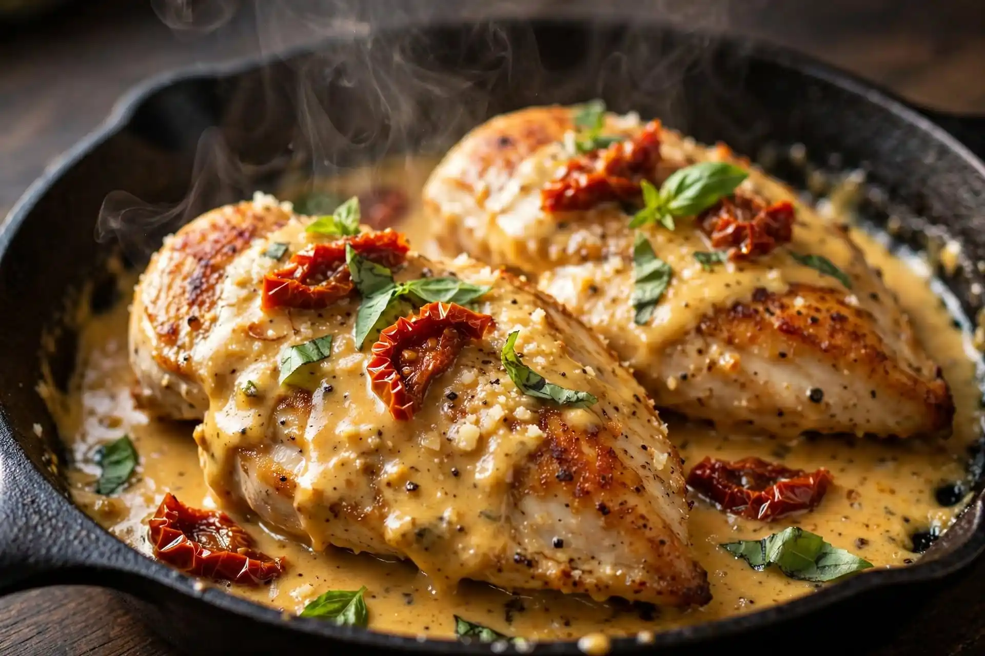 Marry me chicken in a cast-iron skillet garnished with fresh basil and sun-dried tomatoes on a dark wooden surface, natural window light — marry me chicken