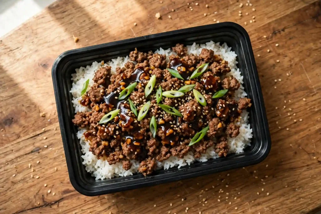 Ground beef and rice bowl with garlic sauce in a meal prep container — budget-friendly high protein meal prep