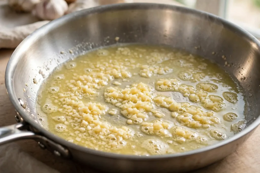 Minced garlic cooking in melted butter in a skillet — early step in making alfredo sauce recipe