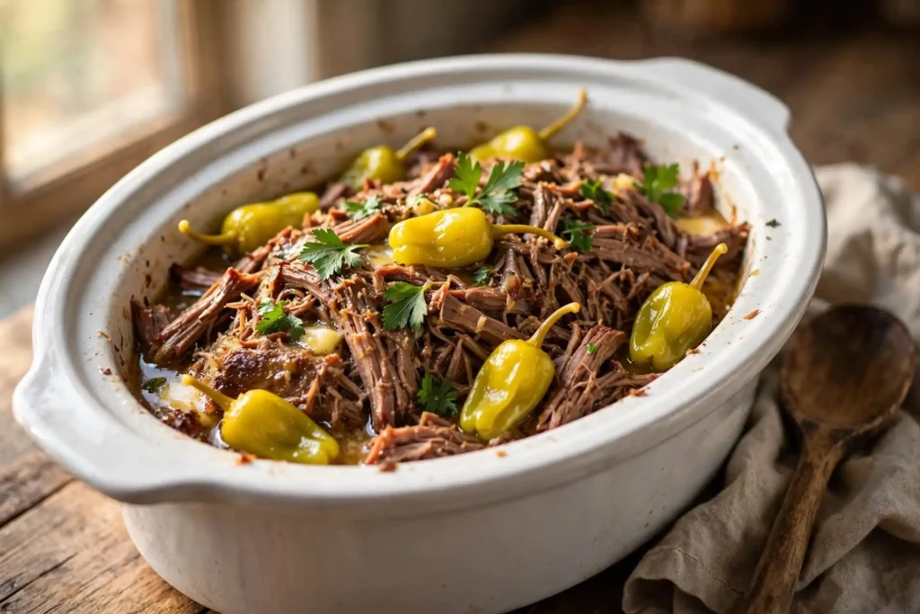 Mississippi pot roast with fork-shredded beef in a white slow cooker, glistening with buttery drippings and garnished with fresh parsley, pepperoncini peppers scattered throughout — mississippi pot roast recipe