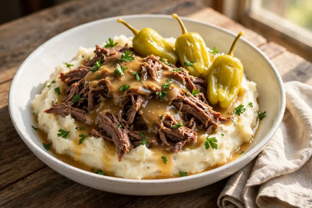 Mississippi pot roast served over mashed potatoes in a wide white bowl with drippings poured over the top and pepperoncini pepper garnish — mississippi pot roast serving suggestion