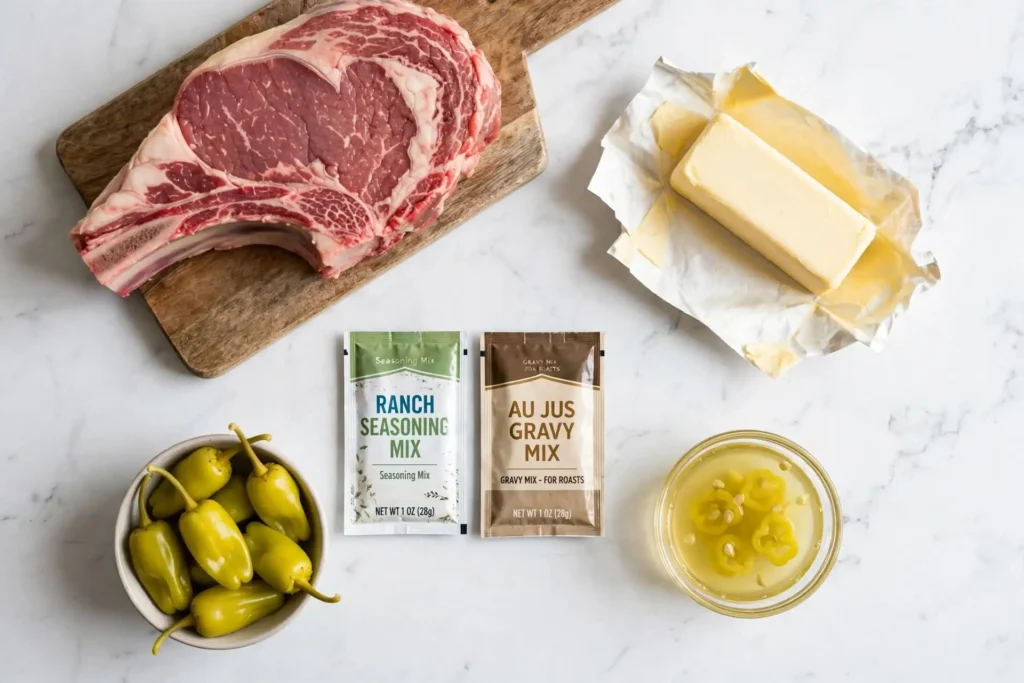 All ingredients for mississippi pot roast laid flat on white marble: chuck roast, butter, ranch packet, au jus packet, and pepperoncini peppers — mississippi pot roast ingredients