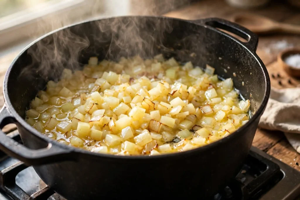 Diced onions softening in butter in a Dutch oven — step in making broccoli cheddar soup