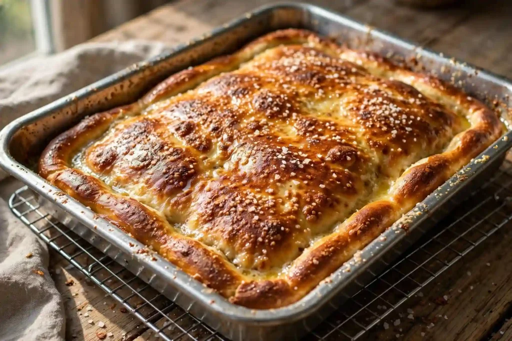 Golden pretzel crust pressed flat in a 9x13 baking dish cooling on a wire rack — step in making strawberry pretzel salad