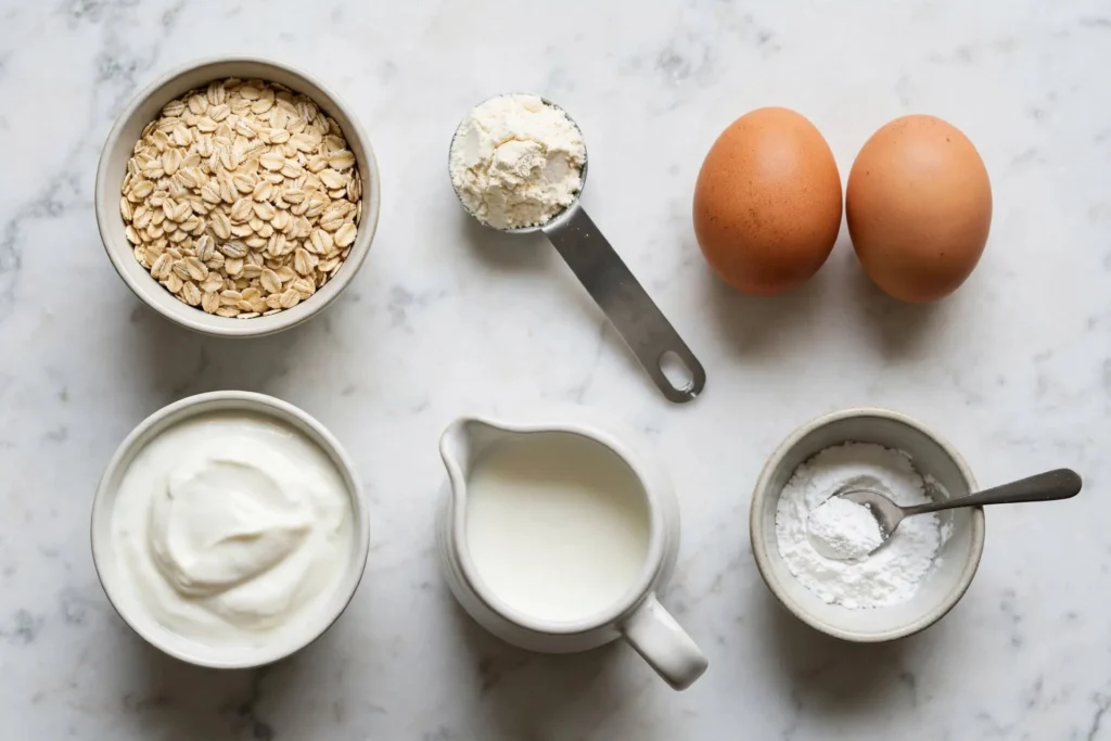 All ingredients for protein pancakes laid out on white marble including oats, protein powder, eggs, Greek yogurt, and milk — protein pancakes ingredients