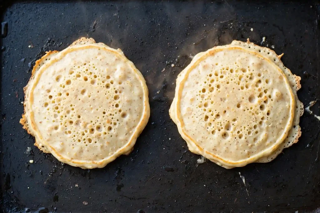Protein pancakes cooking on a griddle with bubbles broken open on the surface, ready to flip
