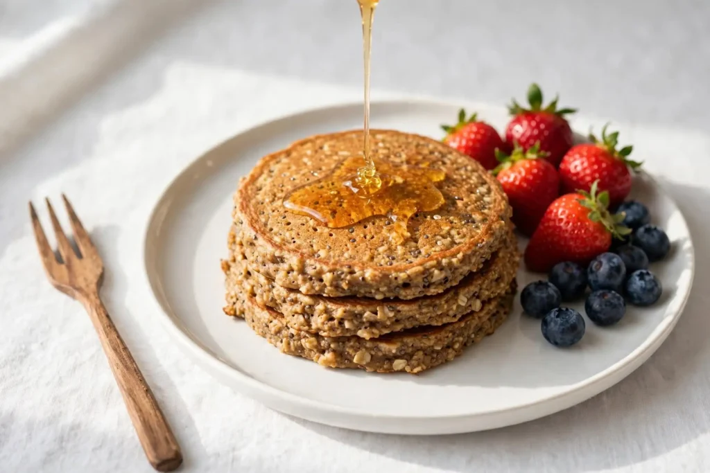 Protein pancakes served with fresh berries and a honey drizzle on a white ceramic plate — protein pancakes serving suggestion