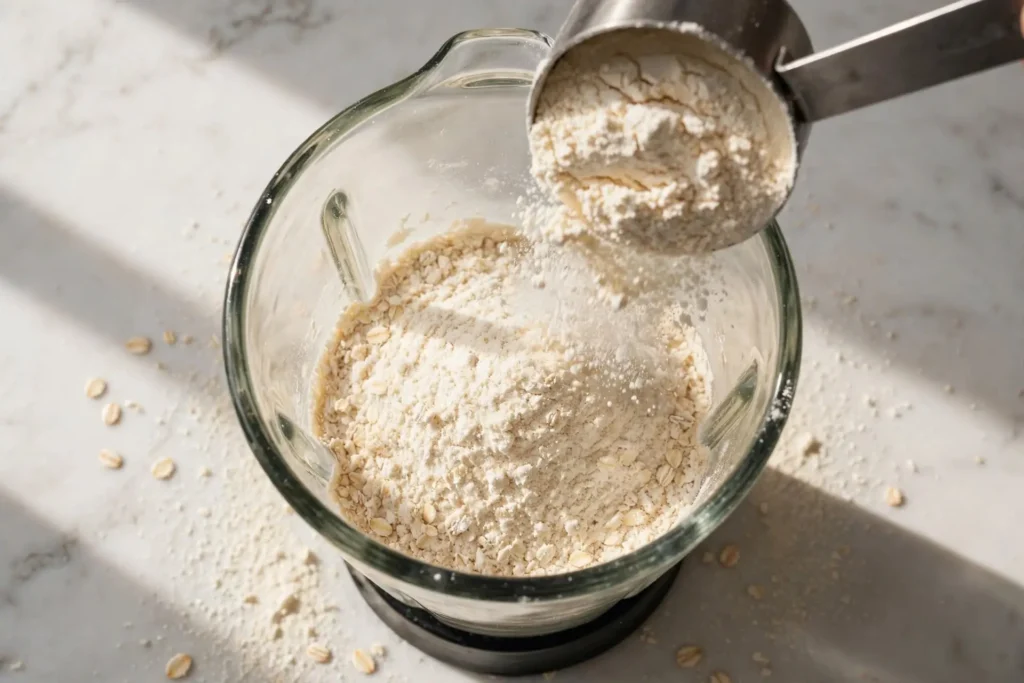Oat flour and vanilla protein powder being combined in a blender — early step in making protein pancakes