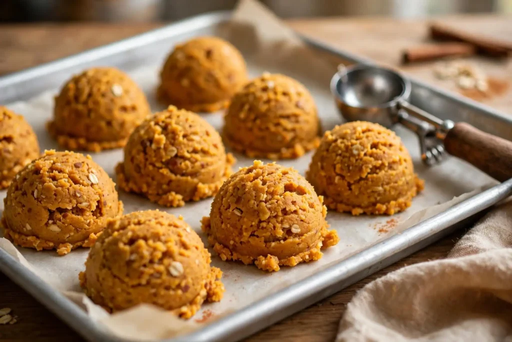 Scooped pumpkin cookie dough balls on parchment-lined baking sheet ready for the oven — final prep step in making pumpkin cookies