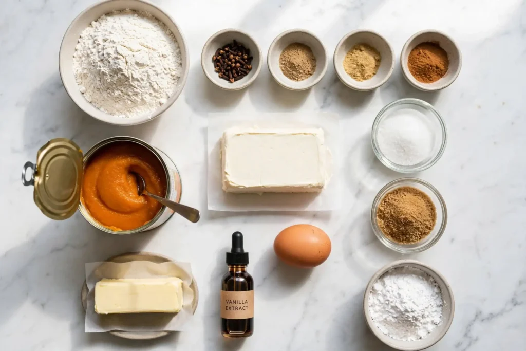 All ingredients for pumpkin cookies laid out flat on white marble, including canned pumpkin puree, cream cheese, spices, and flour — pumpkin cookies ingredients