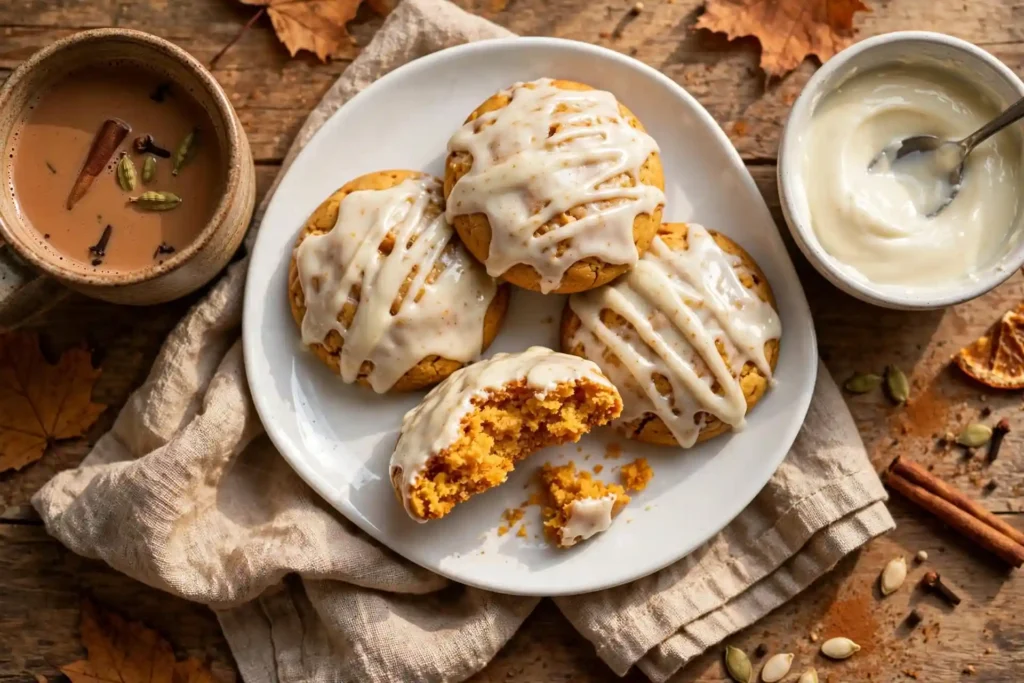 Pumpkin cookies with cream cheese glaze on a white plate served alongside masala chai, ready to serve — pumpkin cookies