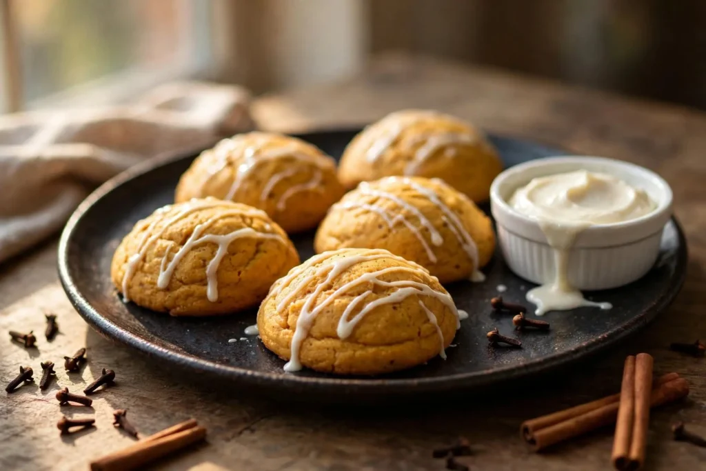 Soft pumpkin cookies with cream cheese glaze on a dark ceramic plate, garnished with cinnamon sticks, warm window light — pumpkin cookies