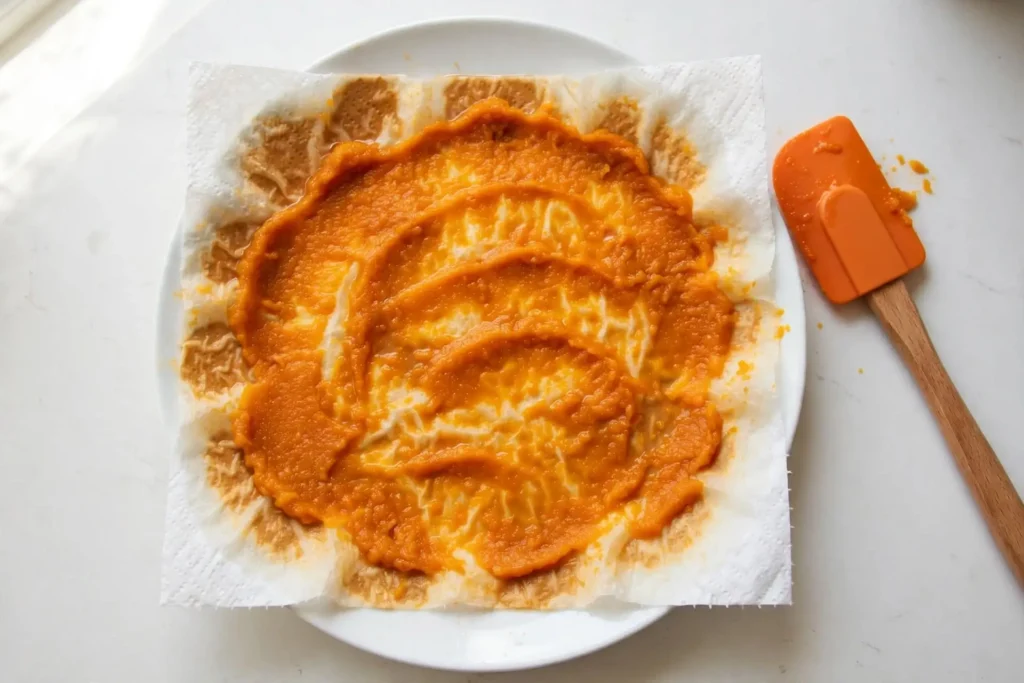 Canned pumpkin puree being blotted on paper towels to remove excess moisture — first step in making pumpkin cookies