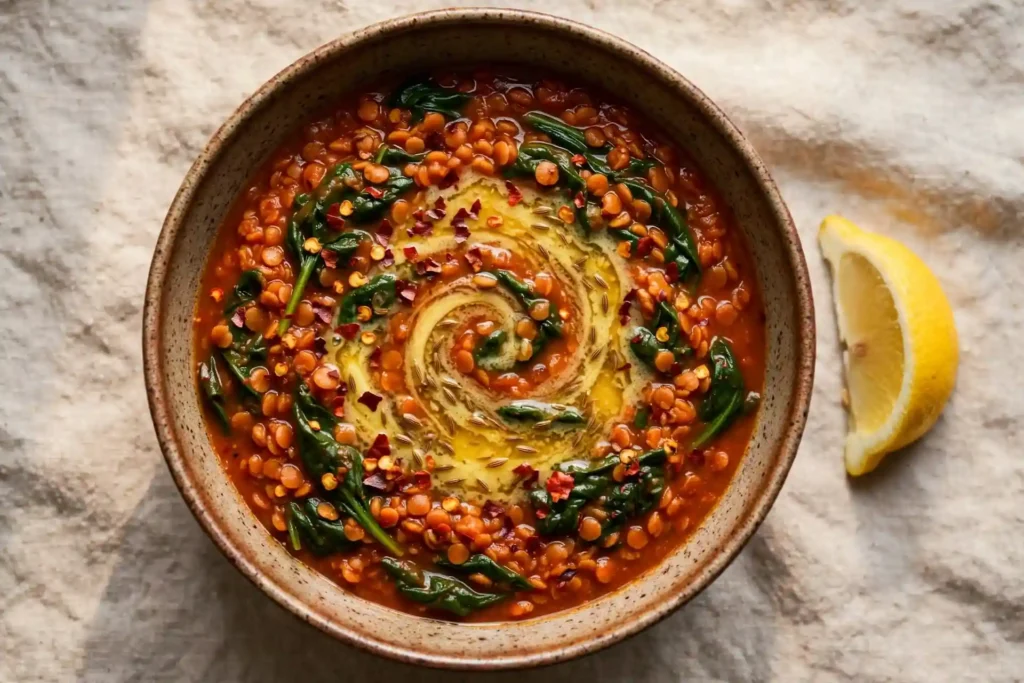 Red lentil soup with cumin temper and spinach in a ceramic bowl — plant-based high protein meal prep