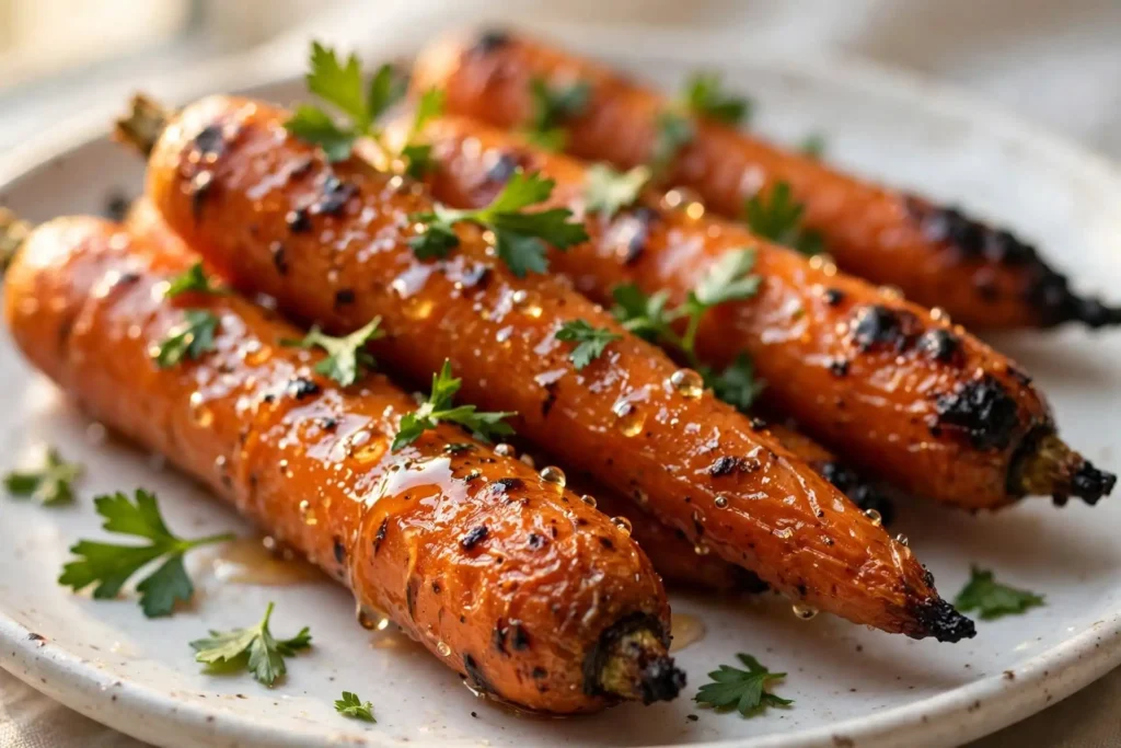 Roasted carrots on a white oval serving dish with hummus and flatbread, ready to serve — roasted carrots