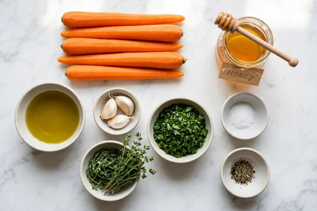 All ingredients for roasted carrots laid out flat on a white marble surface — roasted carrots ingredients