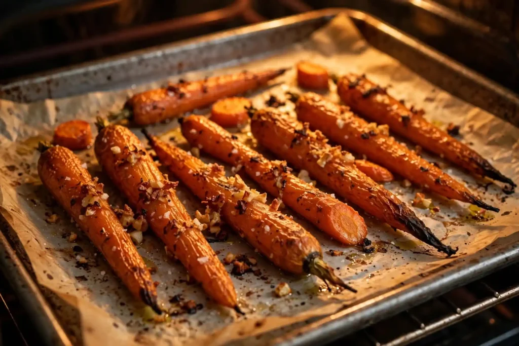 Roasted carrots near the end of cooking showing caramelized golden edges on the baking sheet — step in making roasted carrots