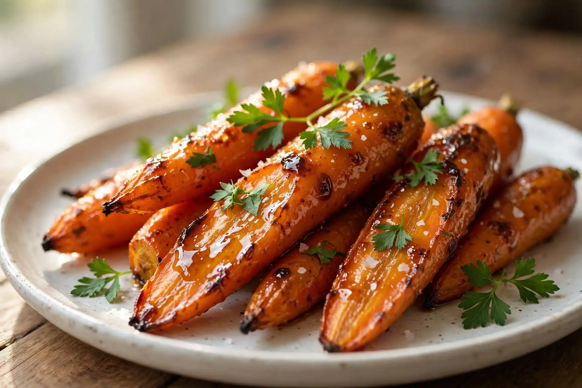 Roasted carrots with honey glaze and fresh parsley on a white ceramic plate, photographed in natural window light — roasted carrots