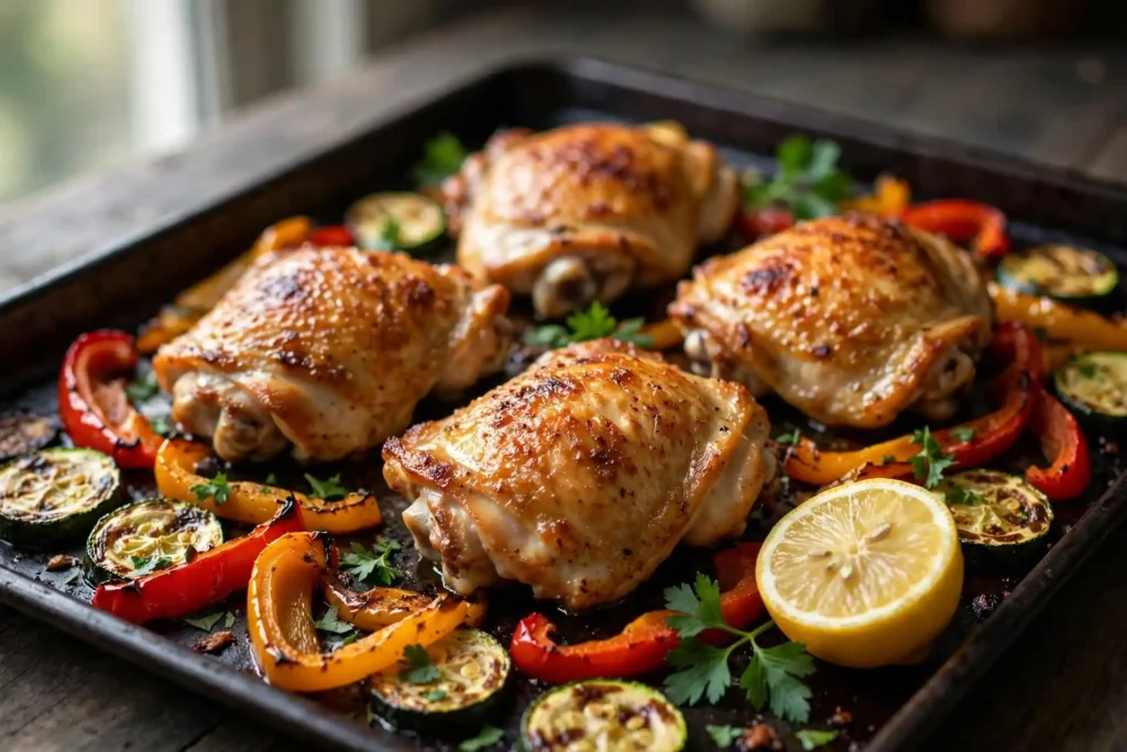 Sheet pan chicken thighs with roasted zucchini and bell peppers — a high protein meal prep option that stays juicy for four days