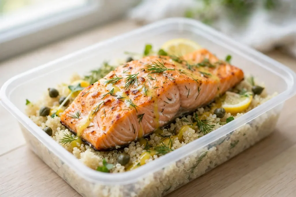 Baked salmon fillet with quinoa and lemon dressing in a meal prep container — omega-3 high protein meal prep