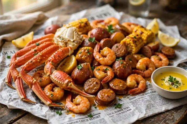 Seafood boil recipe with crab legs, shrimp, corn, and potatoes coated in Cajun garlic butter sauce on a wooden table — seafood boil recipe