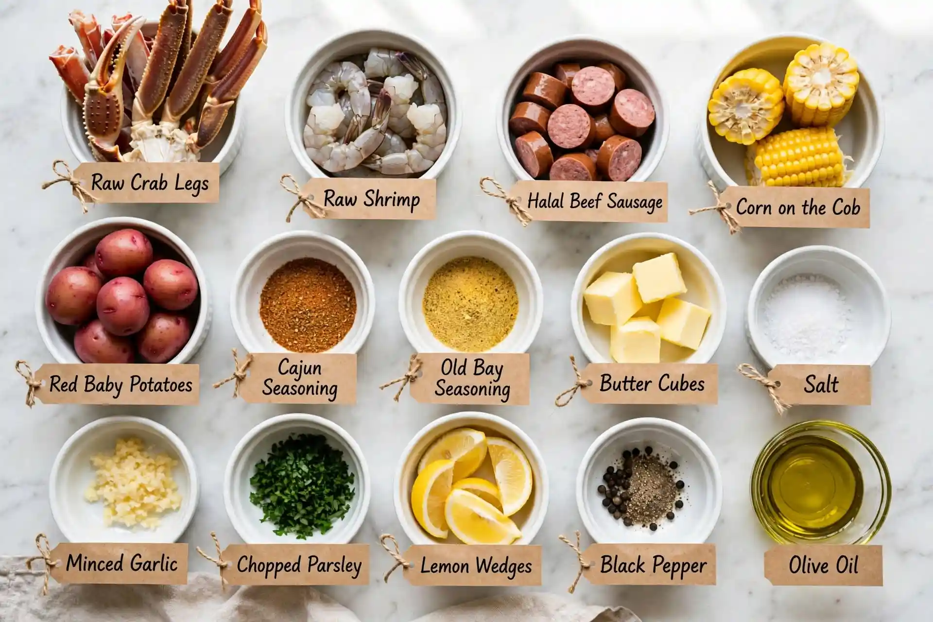 All ingredients for seafood boil recipe laid out flat on white marble — seafood boil recipe ingredients